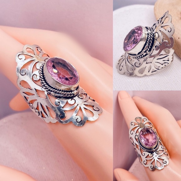 Radiant Pink Topaz Gemstone Handmade Shield Armor Filigree Ring - Picture 5 of 6